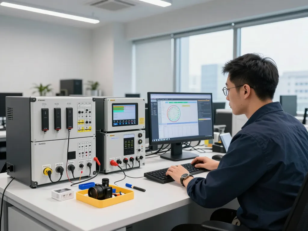 Technician assessing automation equipment at Hải Phòng Tech workspace, showcasing advanced PLC systems and sensors.
