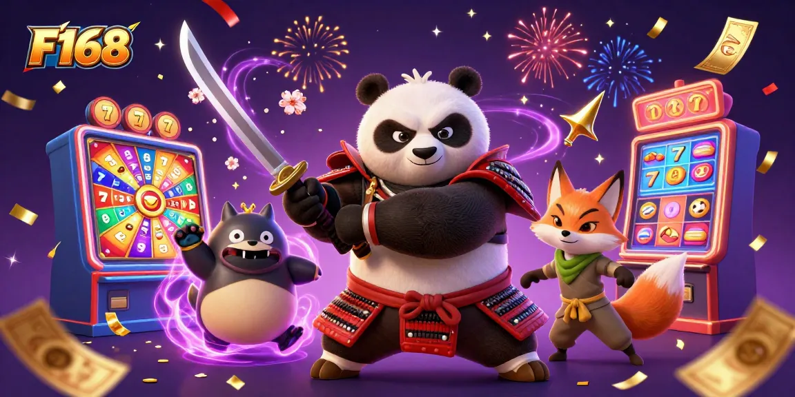 F168 features a dynamic 3D scene with a samurai panda and majestic casino elements celebrating wins in style.