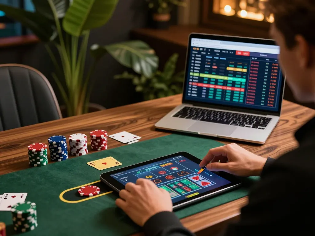 Person betting on lv88 through a tablet at a stylish home setup, with focus on responsible gambling.