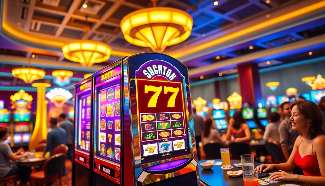 Slot77 mesin slot yang menarik dikelilingi pemain kasino yang antusias.