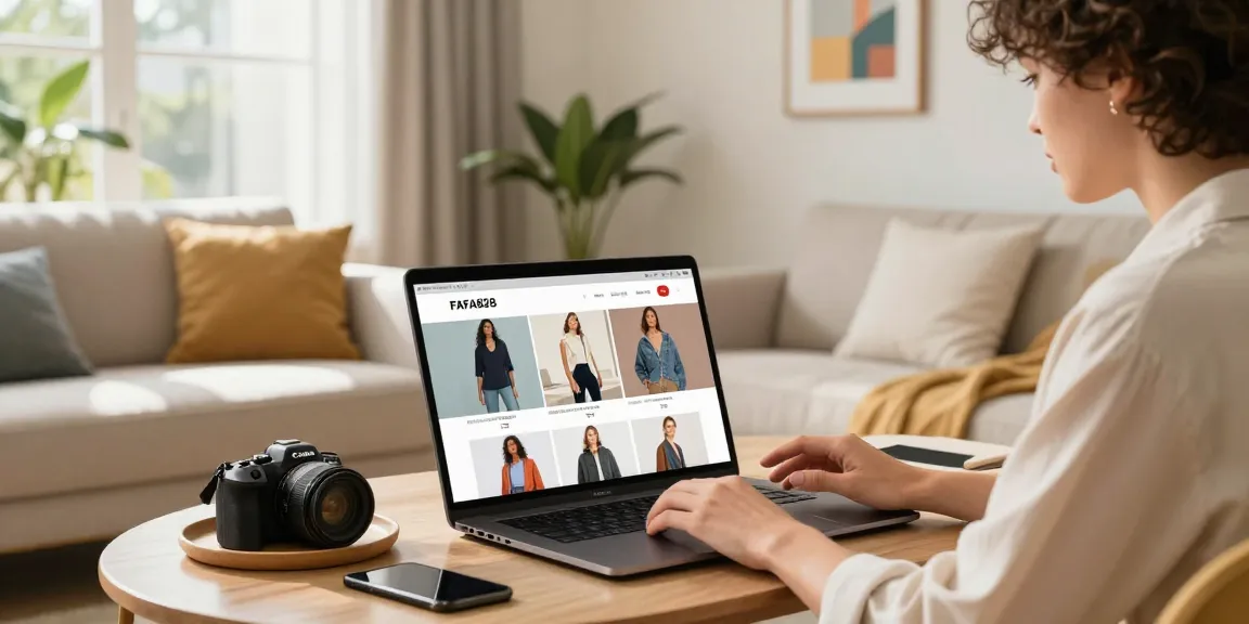 Engaging lifestyle scene showcasing a stylish individual browsing FAFA828 products on a laptop in a modern living room.