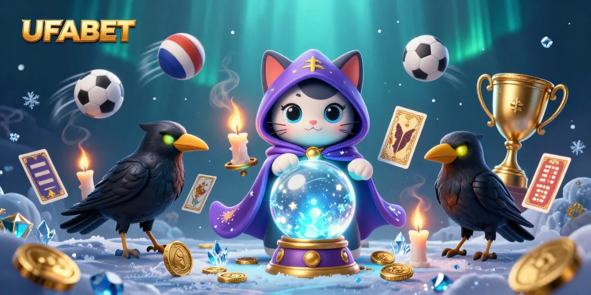 Engage with UFABET betting as a mystic fortune teller cat and raven lead you through dynamic sports elements, sparkling coins, and vibrant casino energy.