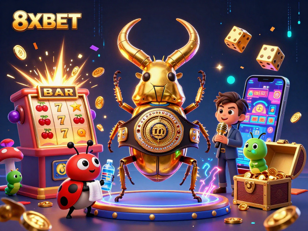 8XBET presents a vibrant casino scene with a golden stag beetle champion amidst dynamic game elements.