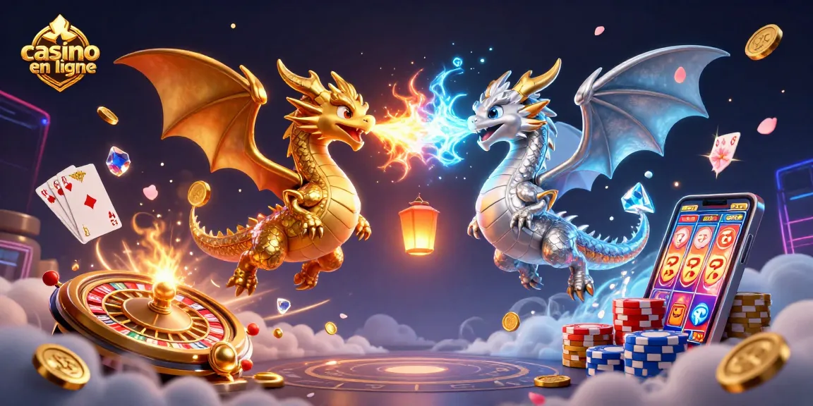 Le casino en ligne s'anime avec un dragon doré et un dragon argenté, entourés de richesses scintillantes.