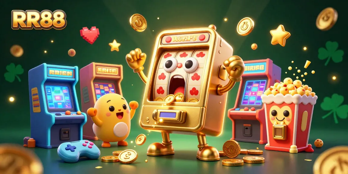 RR88 slot machine hits jackpot, coins pouring, surrounded by cheering baby slots.