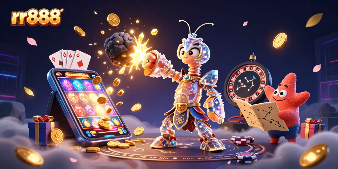 Experience the thrill of online gambling with rr888, featuring a dynamic scene of a galactic samurai and a starfish amidst gold coins and vibrant casino games.