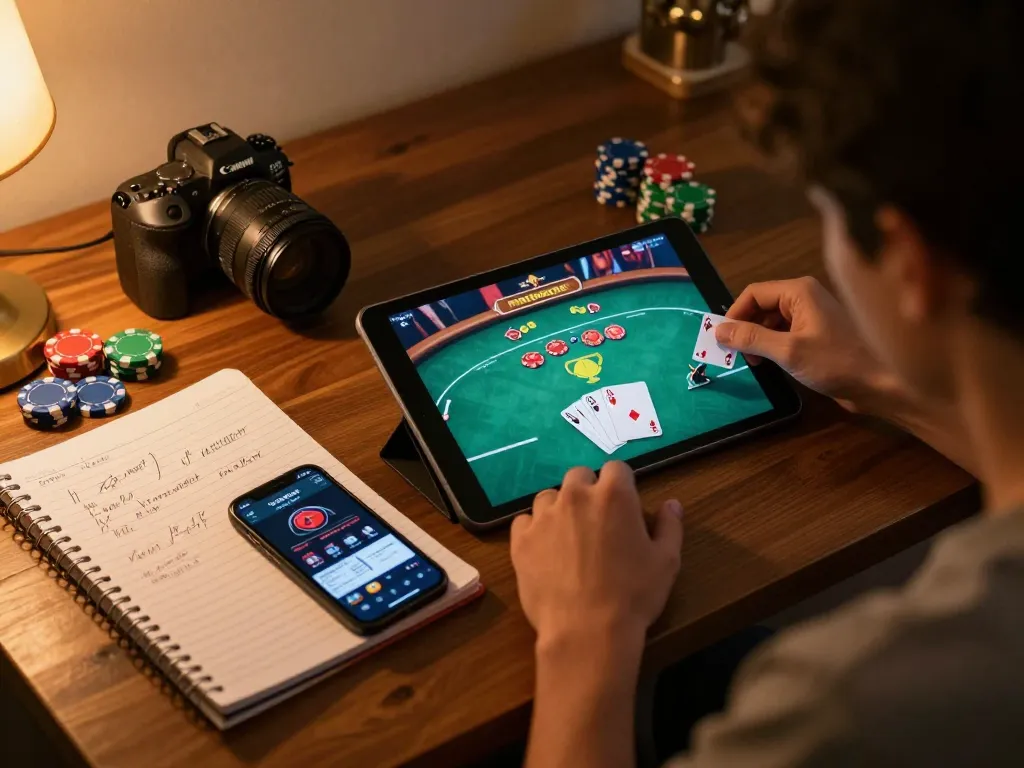 Player engaged in a poker game on a tablet, showcasing sky88 gameplay strategy and excitement.