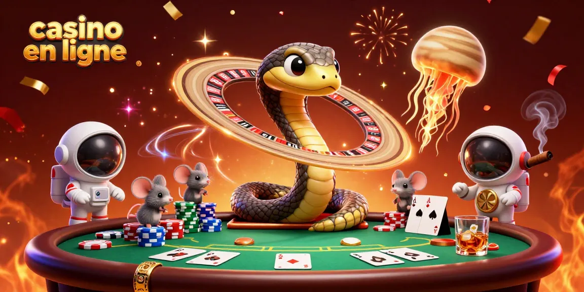 Faites le tour des jeux de casino en ligne avec une illustration 3D animée de poker, des mises et des personnages festifs.