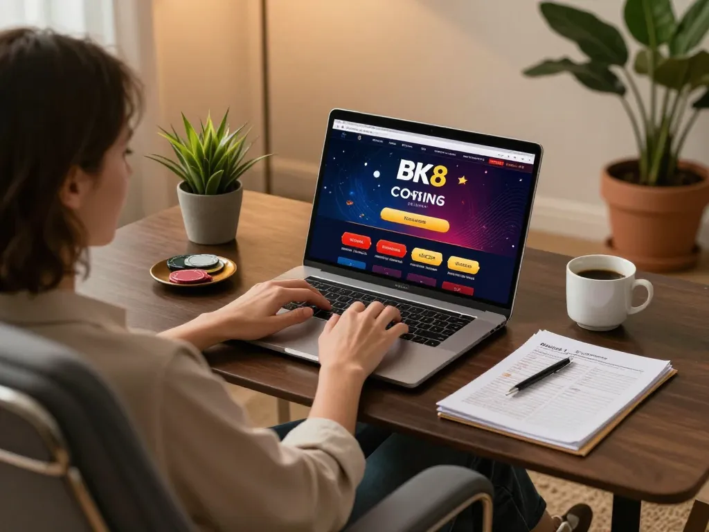 Engaging with BK8 online casino from a cozy home setup, showcasing strategy and relaxation.