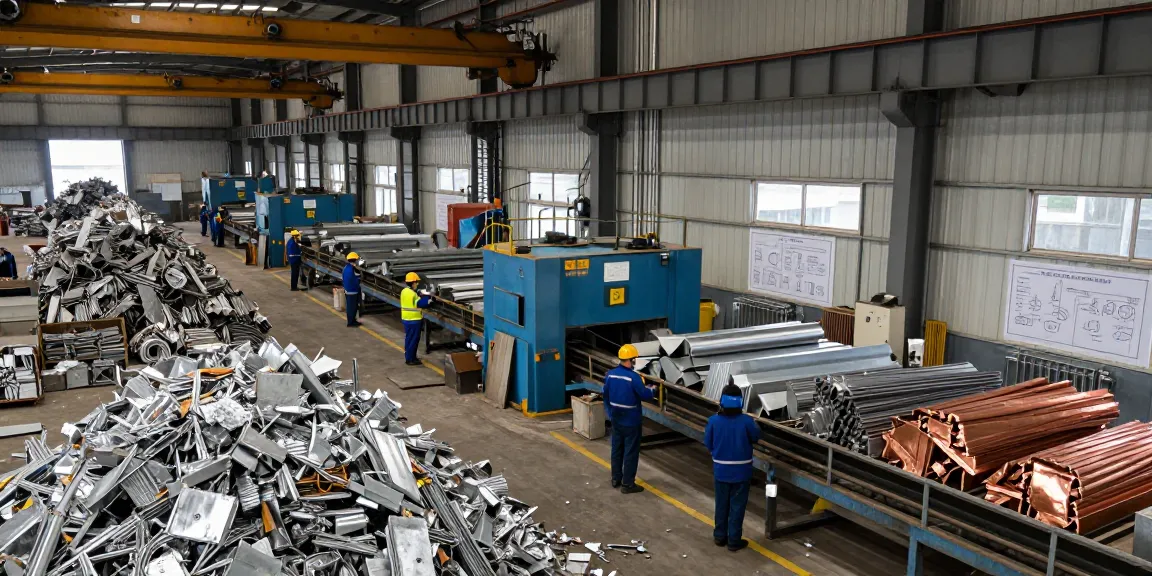 Lingkungan industri di https://www.scrapsolutionplace.com/ dengan pekerja memilah logam bekas yang berkualitas tinggi.
