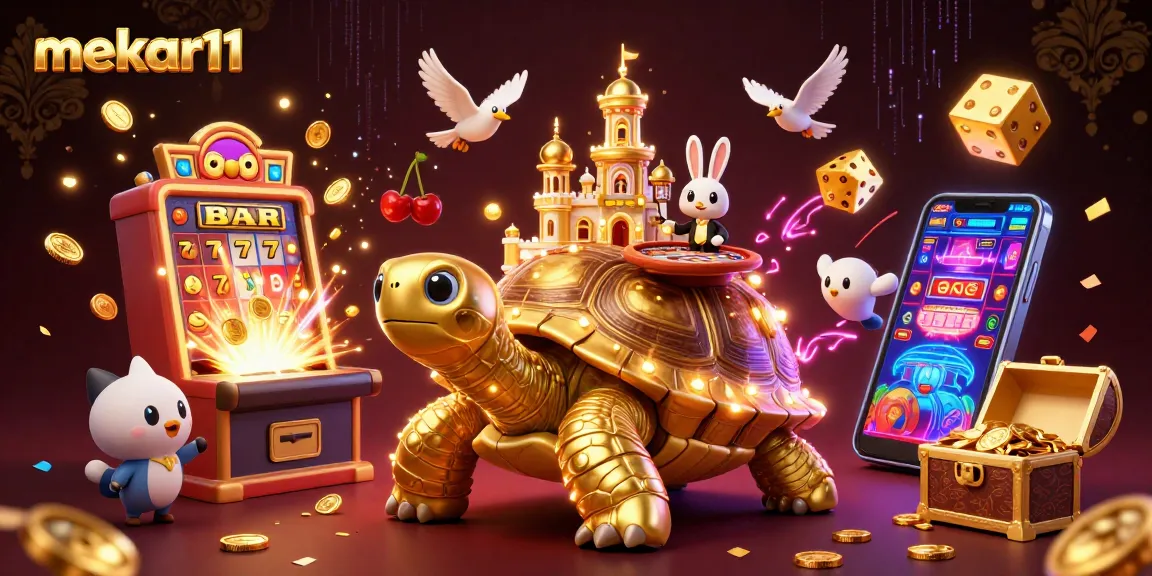 Join the excitement at mekar11 as a golden tortoise showcases a vibrant casino world with a rabbit dealer and flying coins.