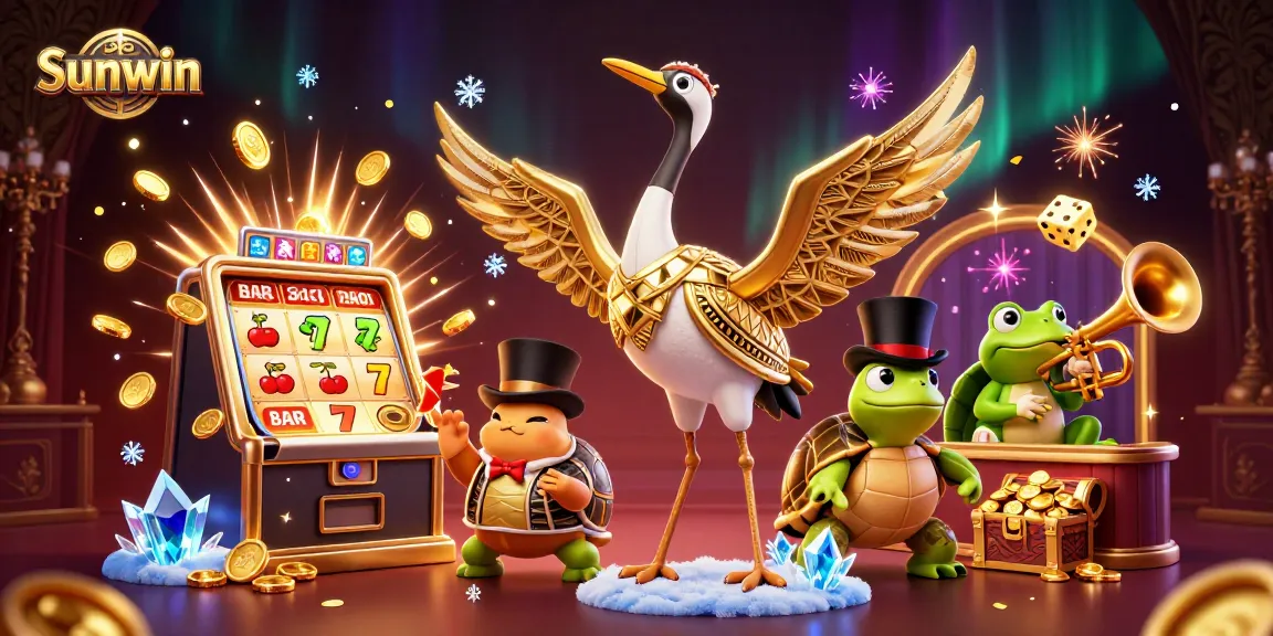 Engage in thrilling gaming adventures with Sunwin's vibrant casino scene featuring slots, animated characters, and golden treasures.