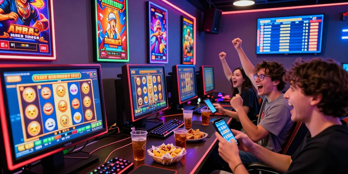 Group enjoying slot luar negeri gaming in a vibrant online venue with neon lights and screens.