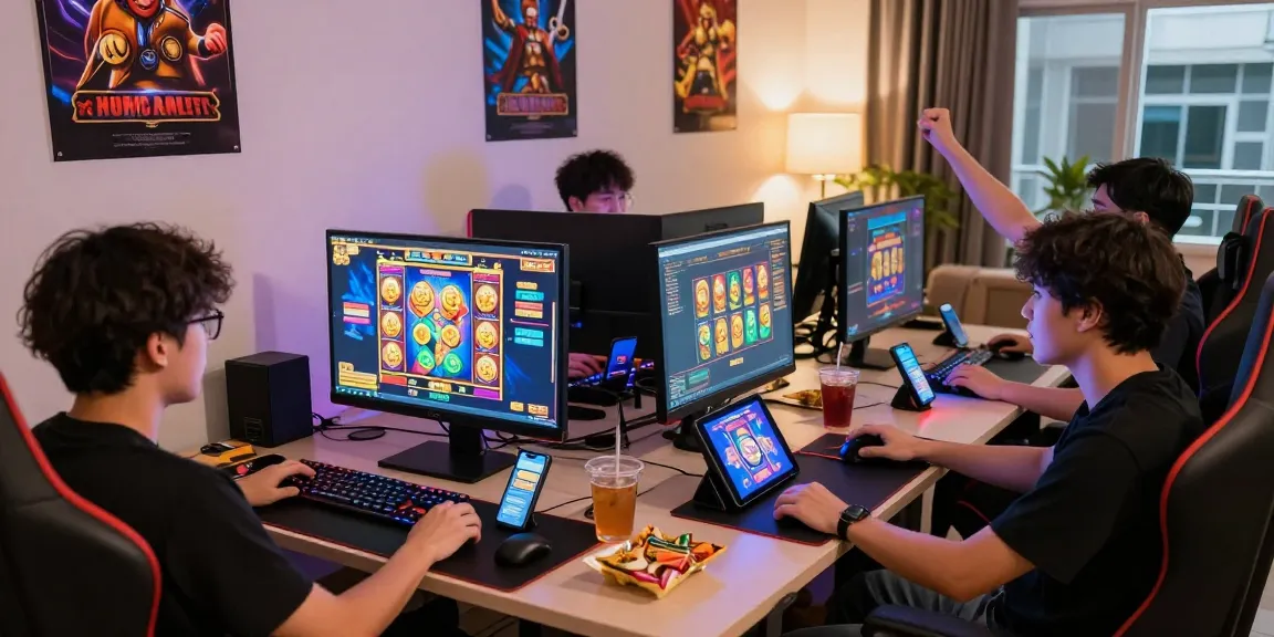 Exciting gaming scene with players enjoying สล็อต slot games on sleek devices.