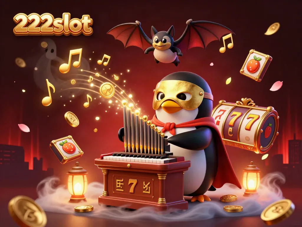 Aktifkan permainan slot 222slot dengan ilustrasi penguin misterius dan simbol kemenangan.