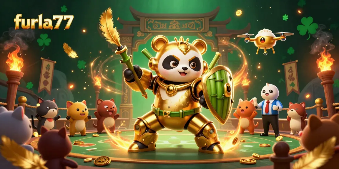 Win big with furla77 in a lively gambling arena featuring a golden panda and thrilling game elements.