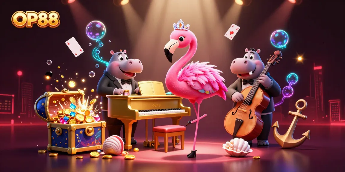 Experience OP88 with lively characters and vibrant casino elements in a captivating 3D scene.