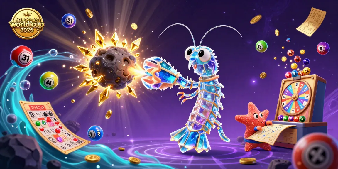 The 3D cartoon illustration showcases the excitement of lịch thi đấu world cup 2026 with vibrant lottery elements and golden treasures.