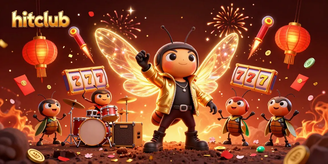Experience thrilling gaming action at hitclub with a vibrant 3D illustration of a rock star cicada and slot machines.