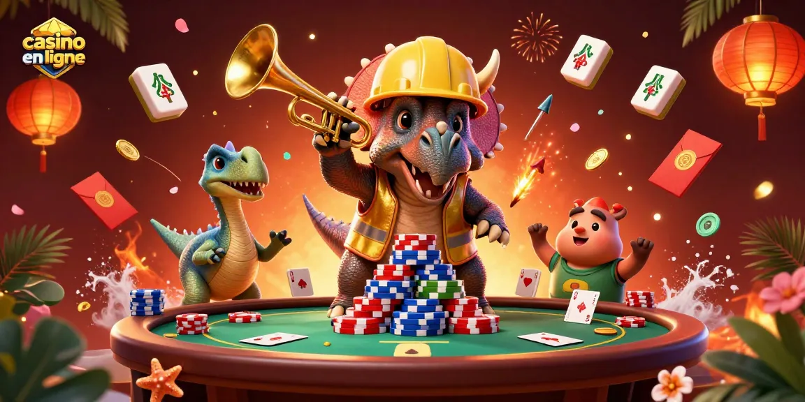 Jouez au casino en ligne avec un triceratops en construction entouré de jeux de poker et de célébrations colorées.