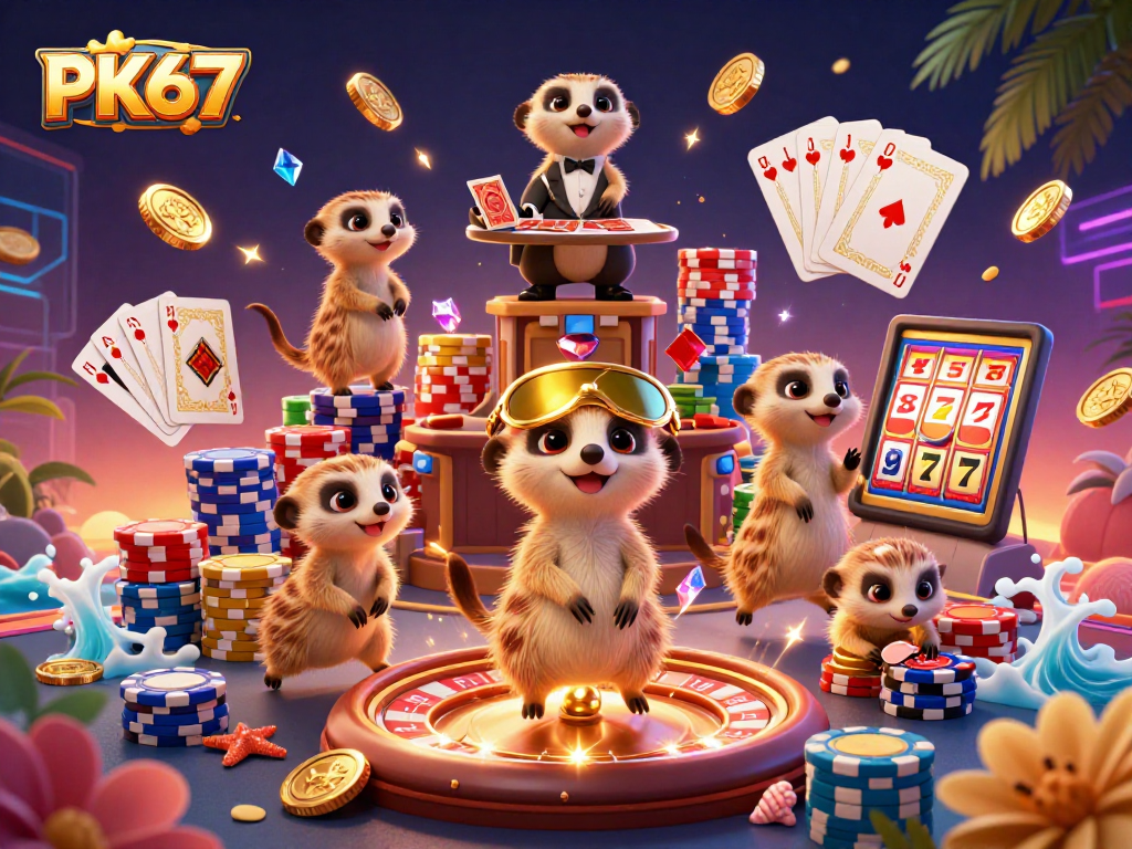 Experience excitement at PK67 with meerkats managing a dynamic casino scene full of fun.