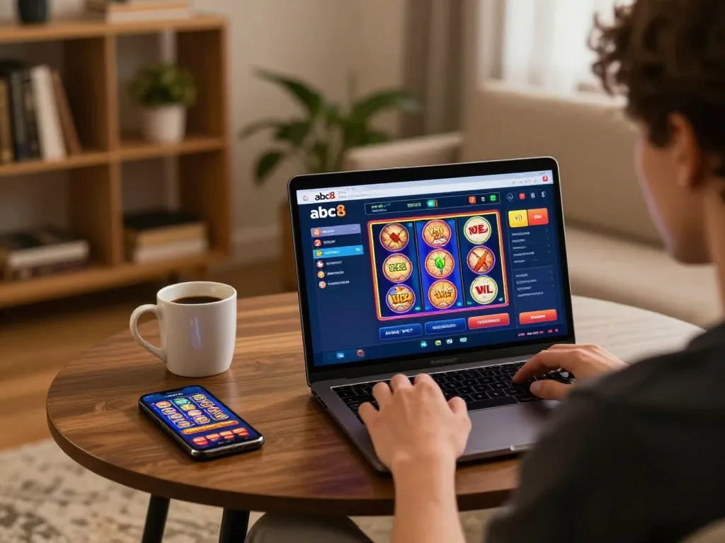 Player immersed in abc8 online casino gaming experience with colorful slot games.