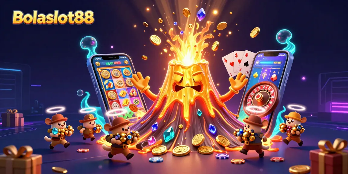 Bolaslot88 captures thrills with golden volcano erupting treasures in a vibrant casino scene.