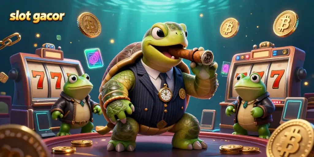 Experience slot gacor excitement with a cartoon turtle mobster surrounded by vibrant casino elements and glowing crypto coins.