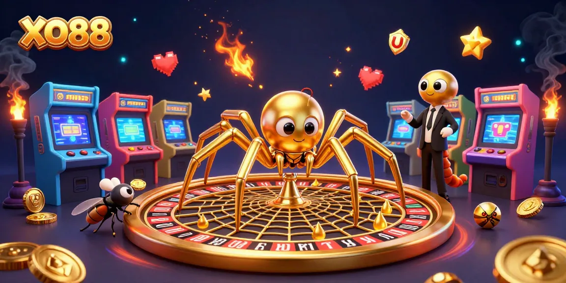 Experience thrilling gameplay with XO88, featuring a 3D spider and colorful casino elements.