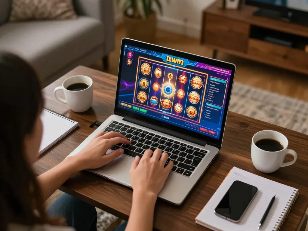 Enjoying LLWIN casino games on laptop at home with a cozy atmosphere and strategic setup