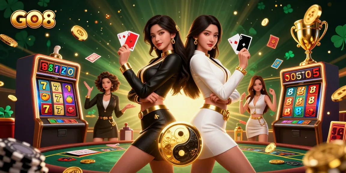Win big at GO8 with stunning Asian twin dealers holding playing cards in a lively casino scene.