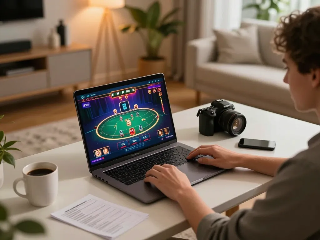 Engaging in online gaming at 888new with vibrant poker interface on laptop.