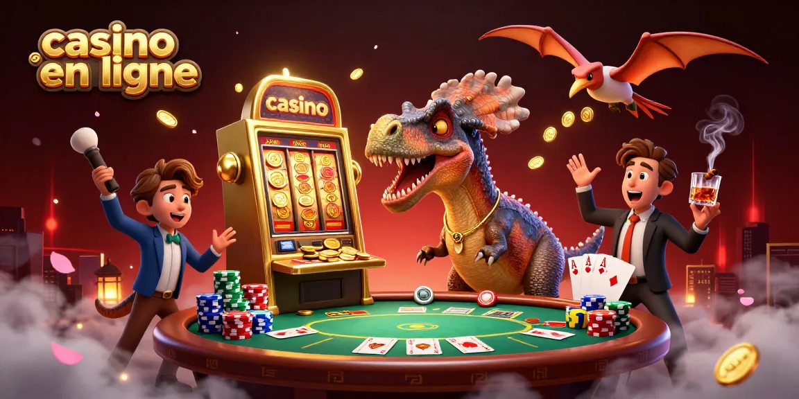 Visualisation dynamique de casino en ligne avec des dinosaures, machines à sous et jeux de poker.