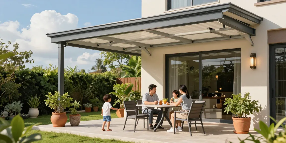 Familie genießt den sonnigen Tag unter stilvollen Terrassenüberdachungen im Garten.