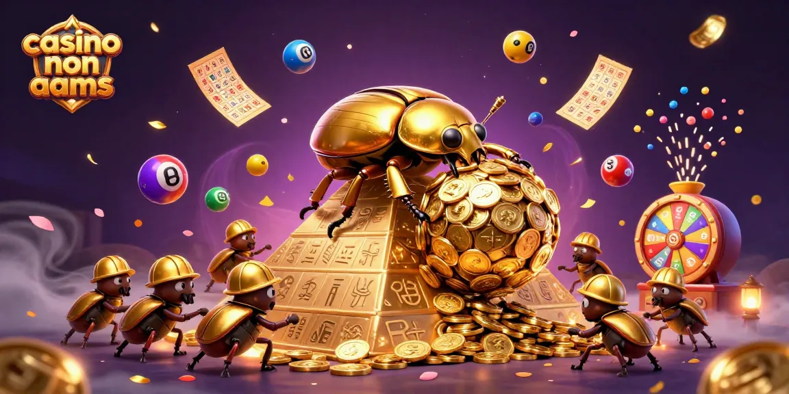 Scopri i fantastici casinò non AAMS attraverso una vivace illustrazione 3D di un coleottero d'oro che rotola monete d'oro.