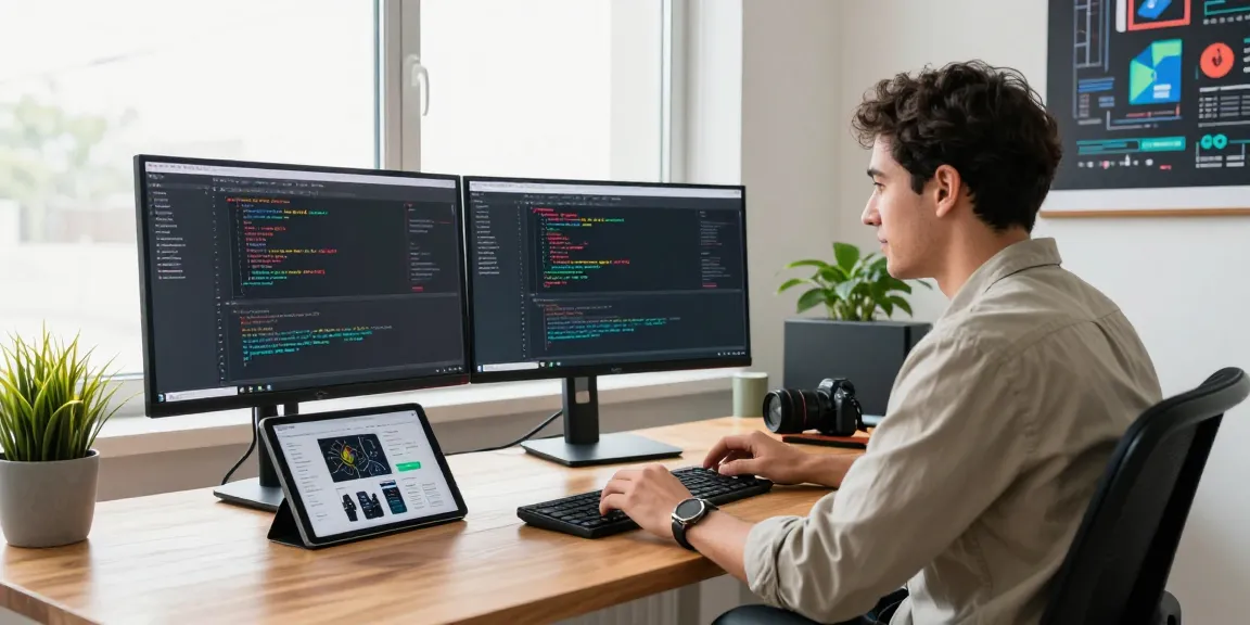 NAGA2000 coding workspace with developer focused on interfaces and multitasking in a bright modern setting.
