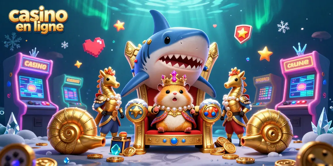 Le king hamster fier sur son trône de dent de requin dans un casino en ligne vibrant, avec des gardes hippocampes et des machines à jeux colorées.