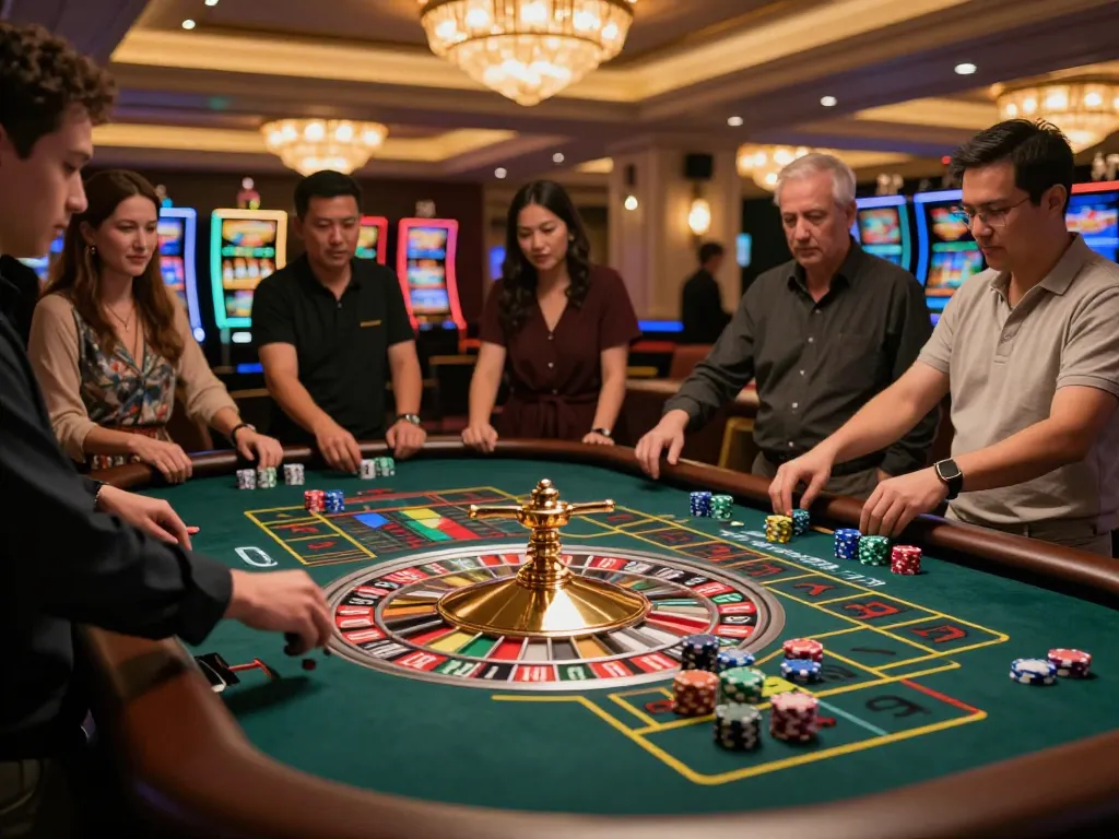 Players engaging with roulette gameplay in a vibrant casino atmosphere featuring 90phut betting excitement.