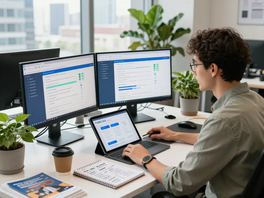 Marketing strategist reviewing meta whitelisted ad accounts rent data in a modern office.