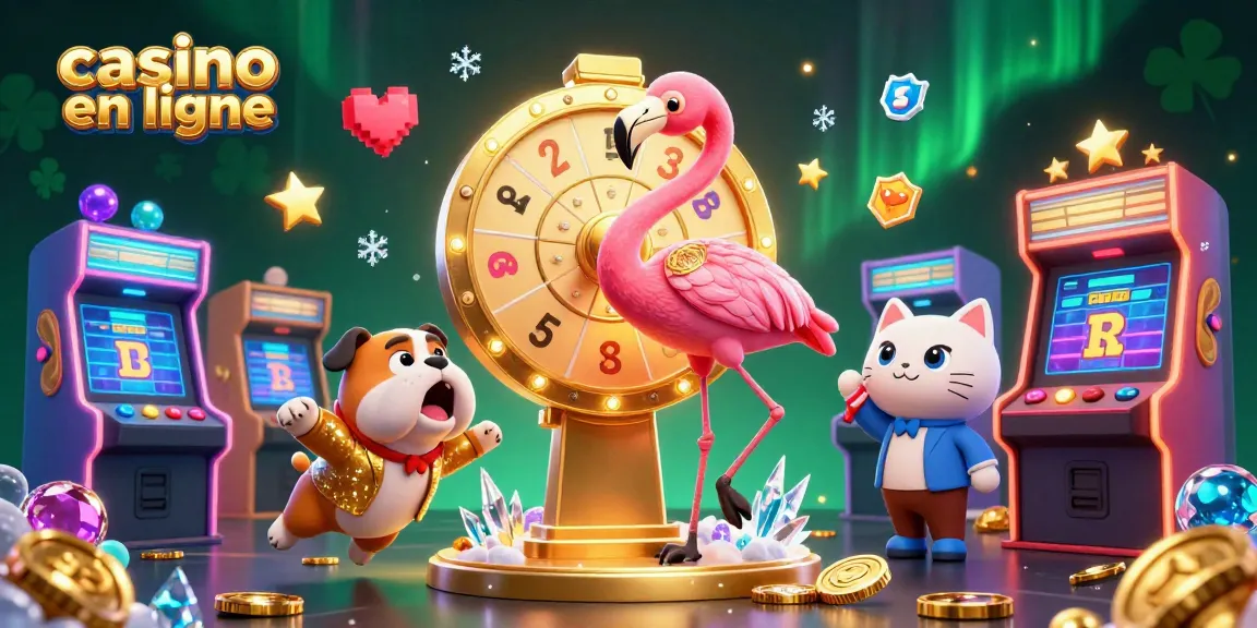 Un gagnant au casino en ligne célébrant des prix tout en jouant avec des machines à arcade animées.