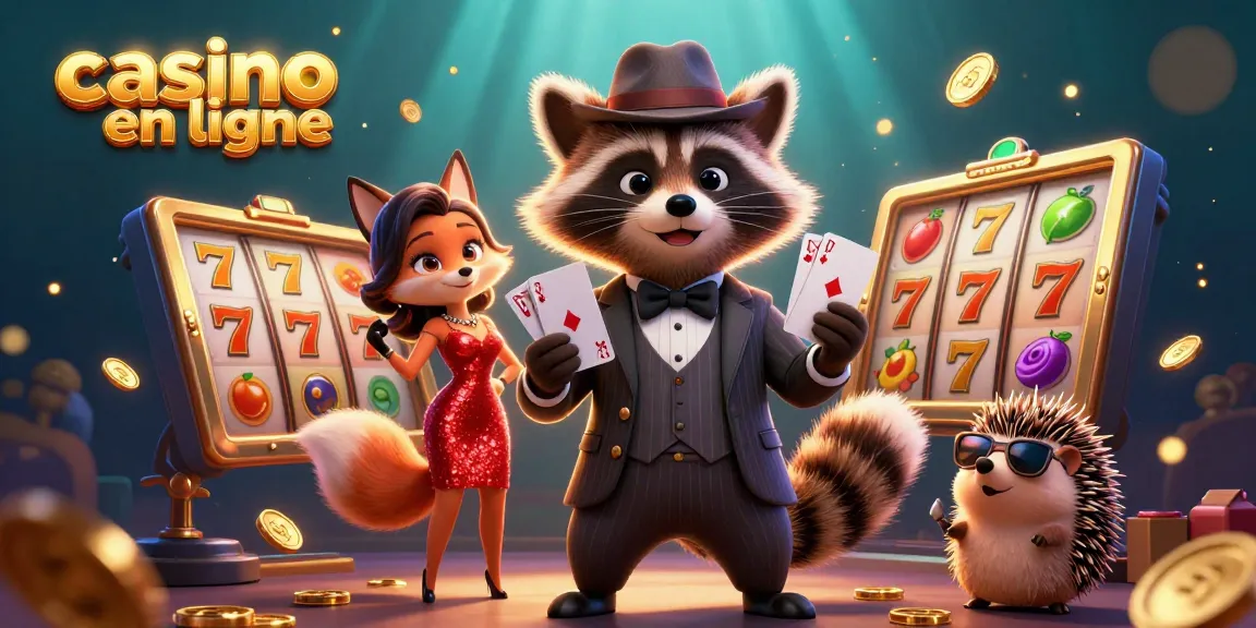 Jouez au casino en ligne avec cette illustration 3D d'un raton laveur et son équipe de jeu.