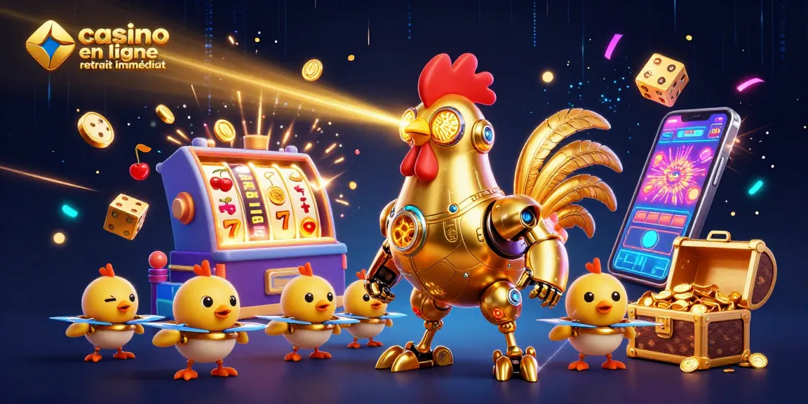 Plongez dans le monde des casinos en ligne avec retrait immédiat, illustrant un robot coq futuriste et des drones en pleine action.