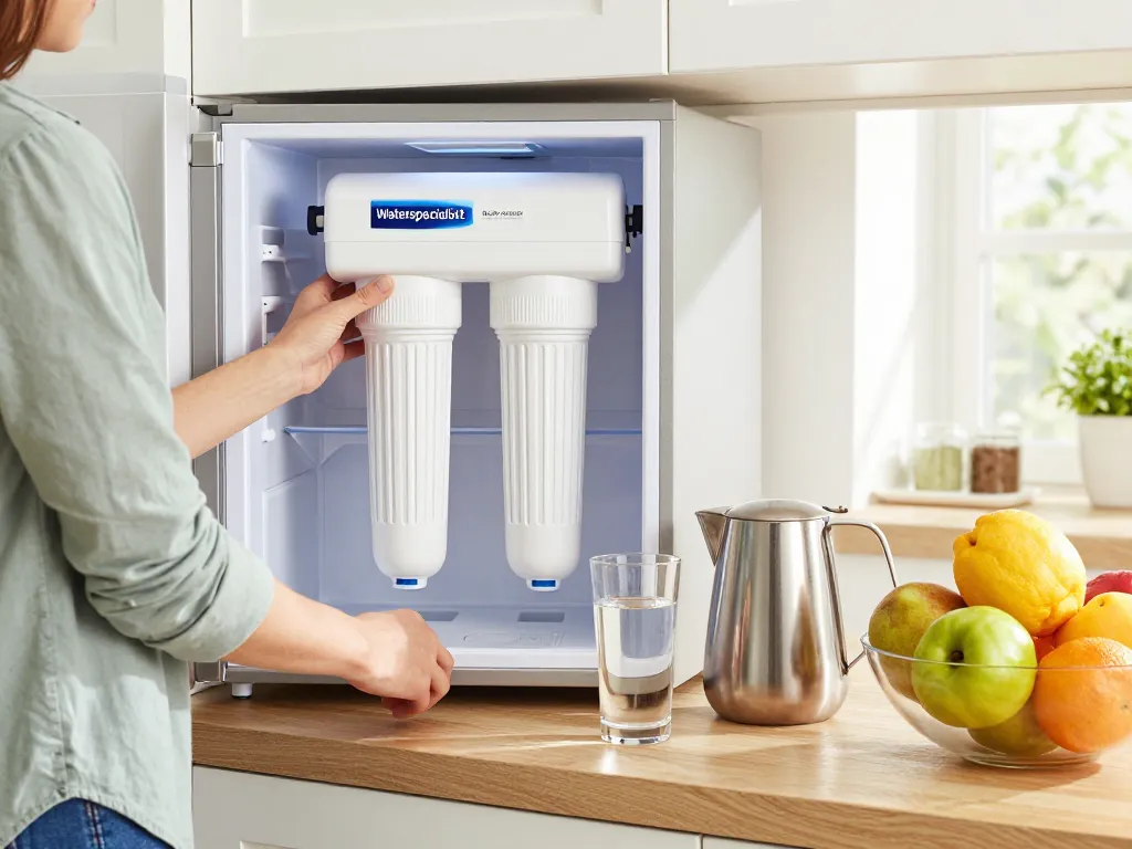 Person replacing Waterspecialist DA29-00003G Refrigerator Water Filter in a bright kitchen with fresh fruits.