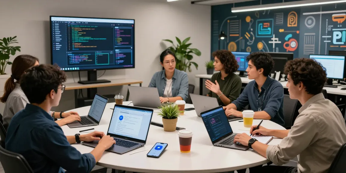 Developers discussing NAGA2000 application features in a vibrant office.