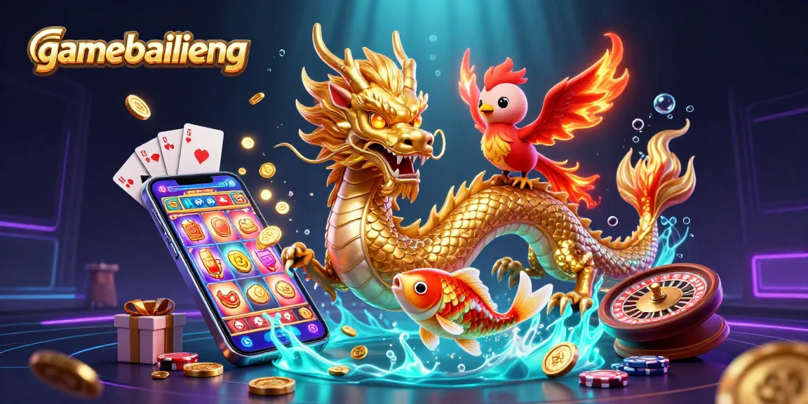 Engage with gamebailieng through an exciting 3D illustration featuring a fierce Chinese dragon and dynamic gambling elements.