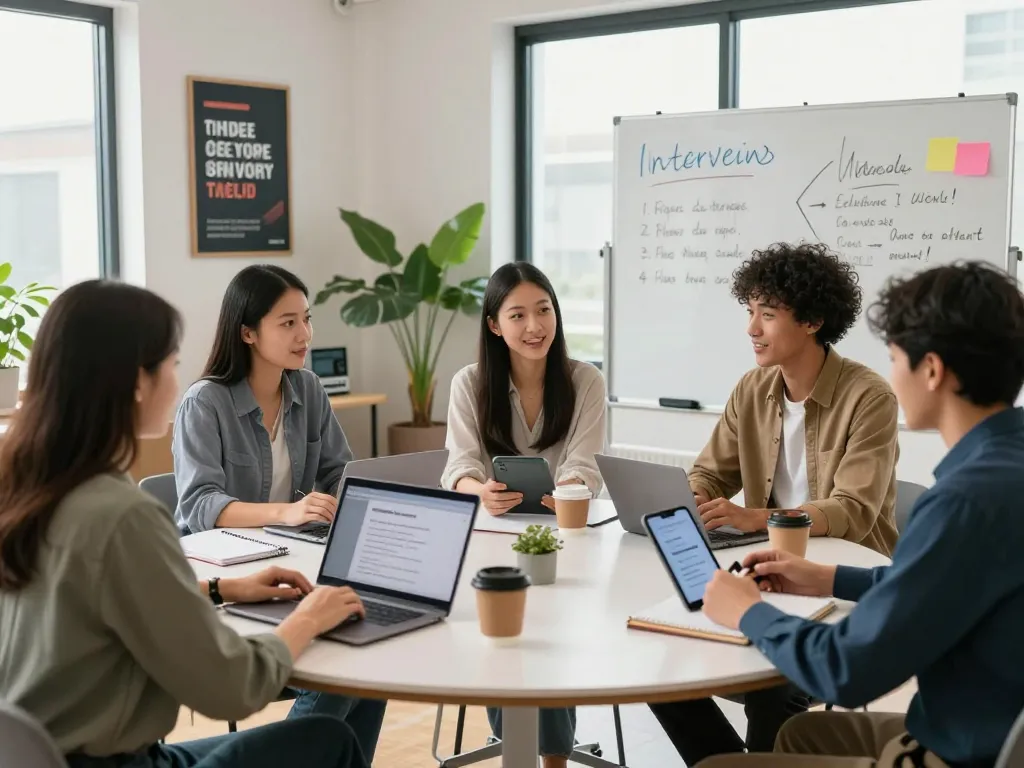 Group practicing interviews using an AI interview assistant in a modern workspace.