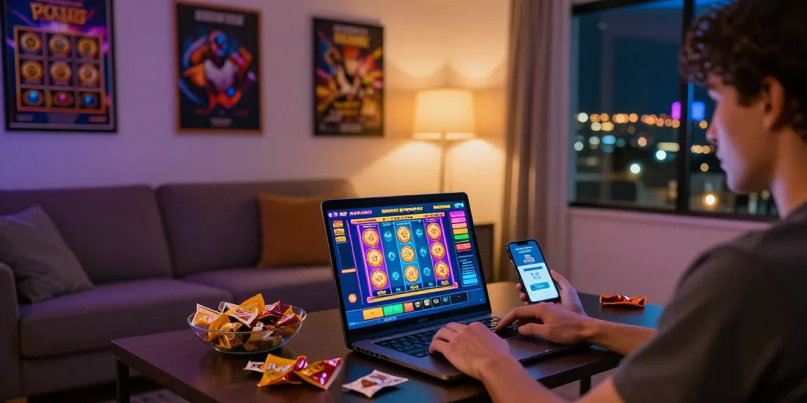 Exciting online gaming at home with deposit pulsa tanpa potongan featured on laptop screen.