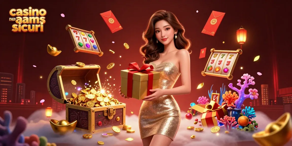 Interagisci con i casino non AAMS sicuri attraverso un'illustrazione 3D vivace che mostra elementi di gioco festivi.