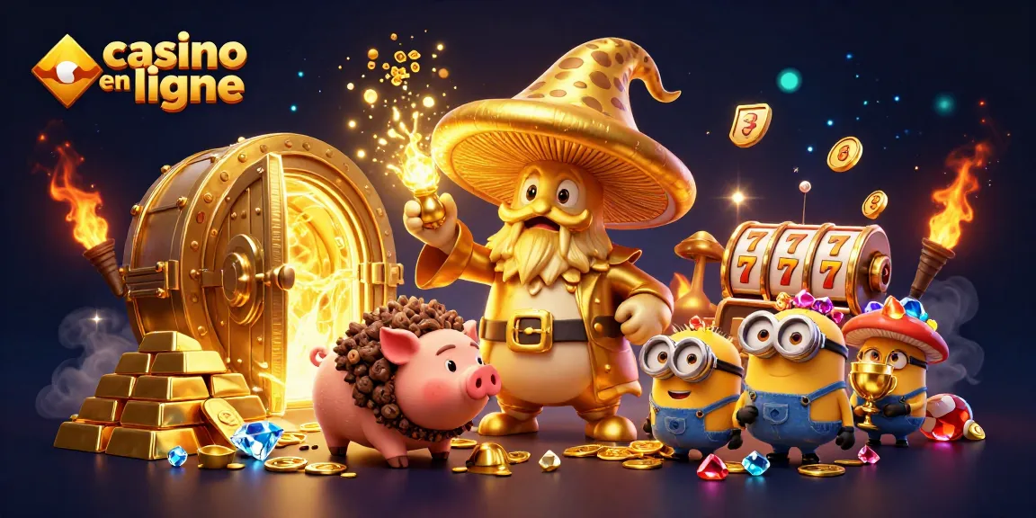 Vivez une aventure magique avec 'casino en ligne', illustrée par un sorcier champignon et un cochon cherchant des trésors.