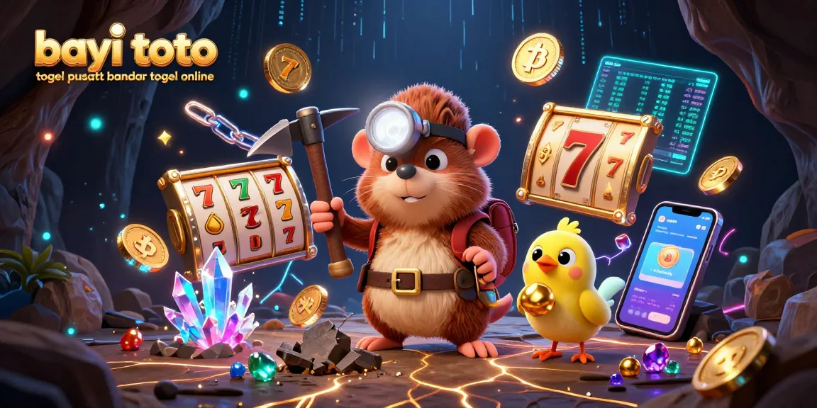 Win big with bayi toto togel pusat bandar togel online, featuring a treasure hunter mole and slot elements in a vibrant scene.